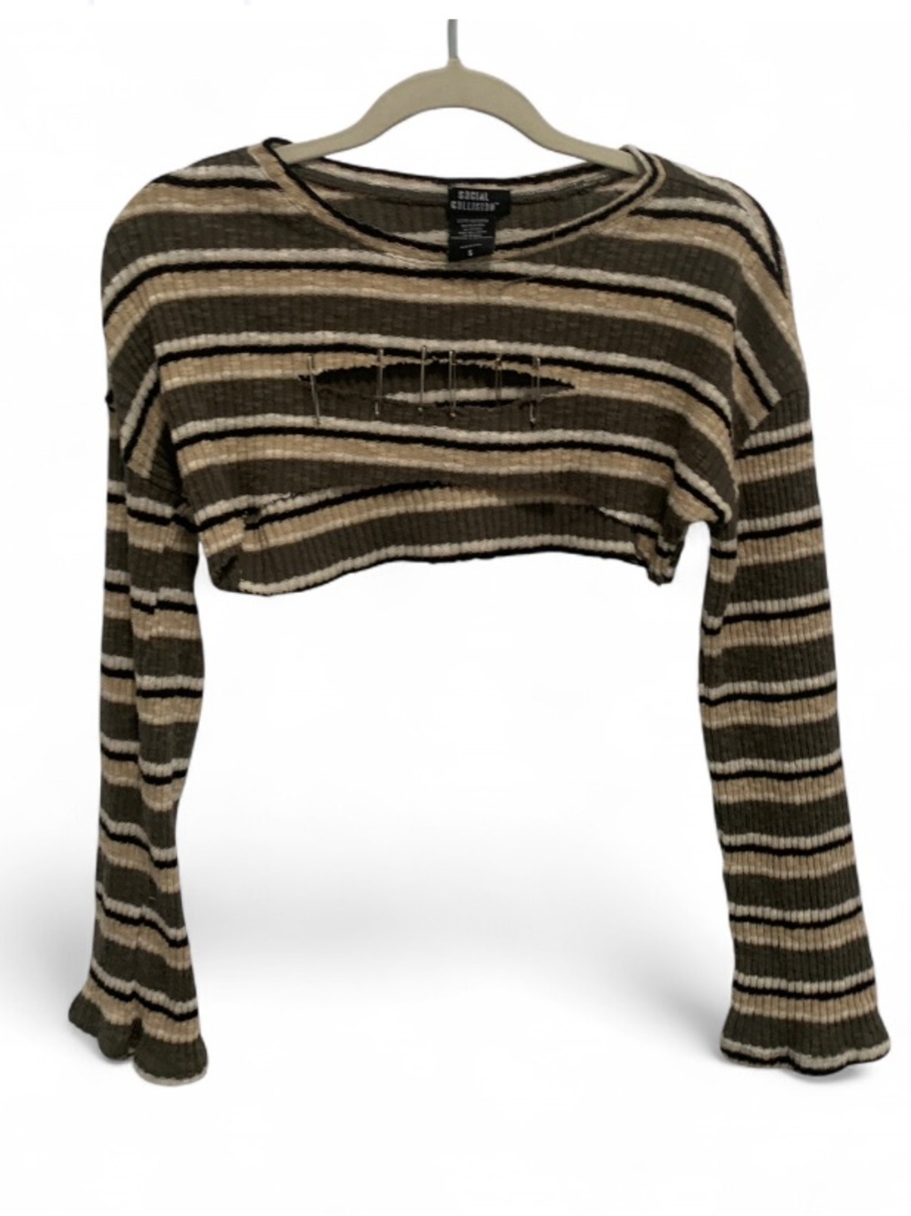 Social Collision Olive, Cream & Black Striped l Cut Out Safety Pin Cropped Top